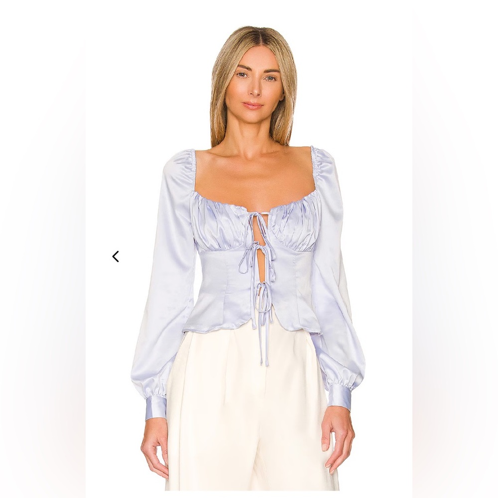 New MAJORELLE baby blue Satin Puff Sleeve Top